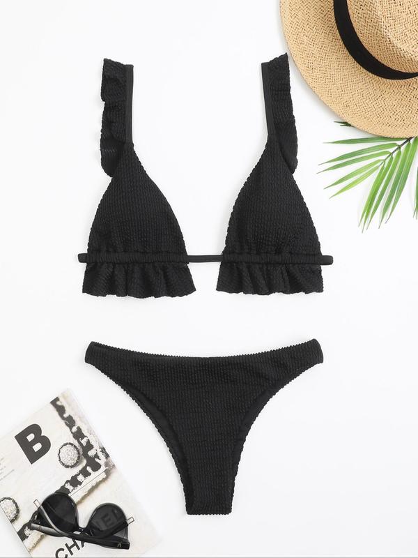 Women's 2pcs Textured Ruffle Trim Bikini Swimsuit Set, Boho Fashion Tie Back Triangle Swim Top & Thong Swim Bottom Two-Piece Swimwear Set for Summer, Ladies Swimsuit for Beach Holiday Vacation