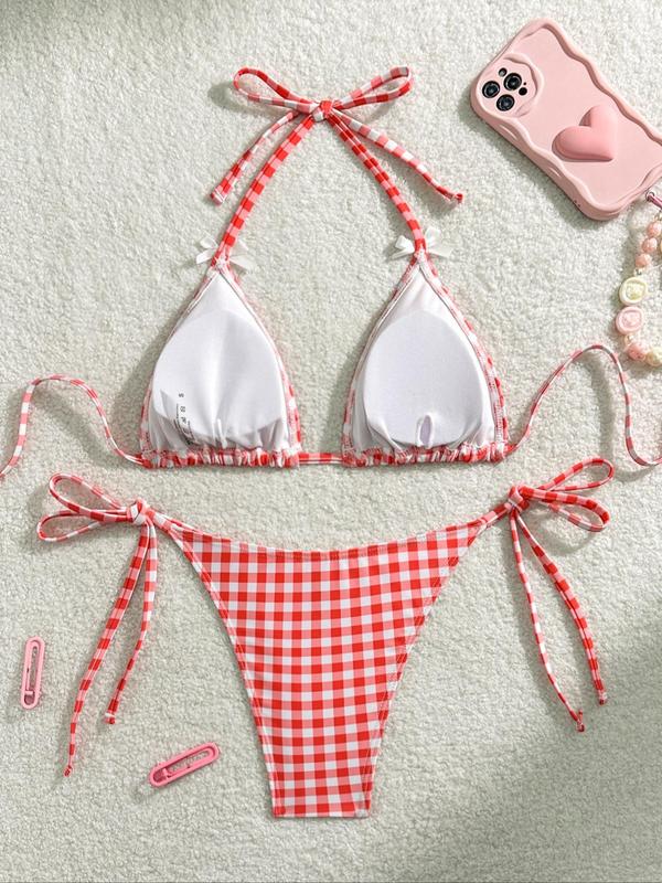 Women's Plaid Print Bow Decor Bikini Set, Halter Neck Tie Back Triangle Swim Bra & Tie Side Swim Panty, Ladies Summer Swimwear for Beach Holiday Vacation