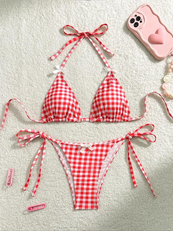 Women's Plaid Print Bow Decor Bikini Set, Halter Neck Tie Back Triangle Swim Bra & Tie Side Swim Panty, Ladies Summer Swimwear for Beach Holiday Vacation