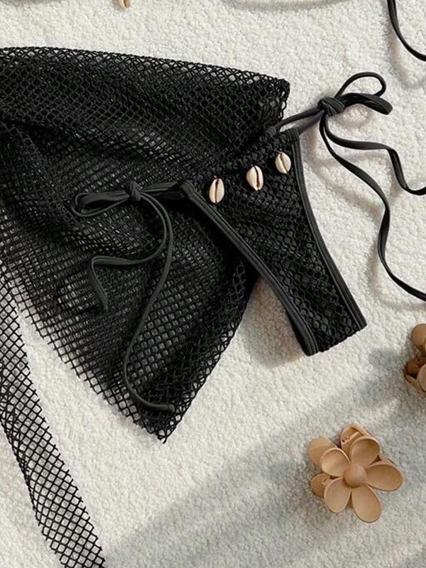 Women's Sexy Fishnet Shell Decor Halter Bikinis Set, Casual Tie Back Triangle Swim Bra & Tie Side Swim Bottom & Self-Knot Cover Up Skirt Set, Ladies Summer Swimsuit for Beach Holiday Vacation