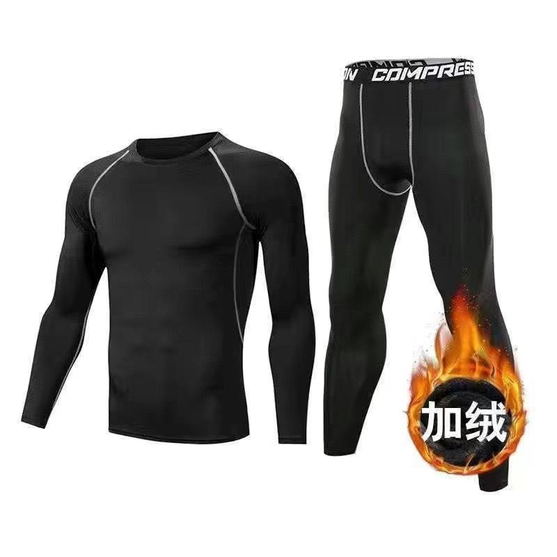 Fitness Clothes Men's Suit Autumn and Winter Fleece-lined Tights Sports Basketball Running Training High Elastic Long Sleeve Five-Piece Set Halloween