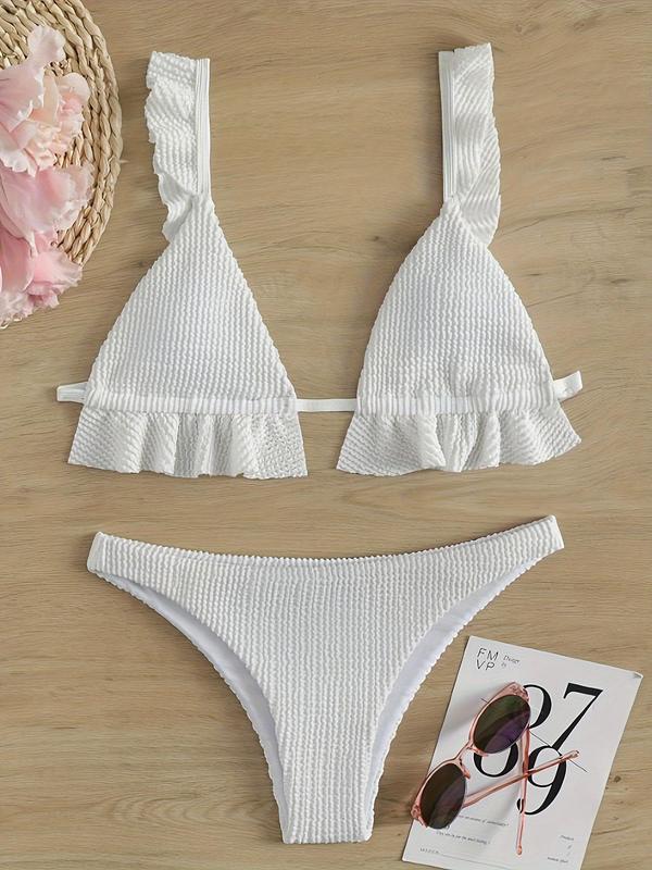 Women's 2pcs Textured Ruffle Trim Bikini Swimsuit Set, Boho Fashion Tie Back Triangle Swim Top & Thong Swim Bottom Two-Piece Swimwear Set for Summer, Ladies Swimsuit for Beach Holiday Vacation