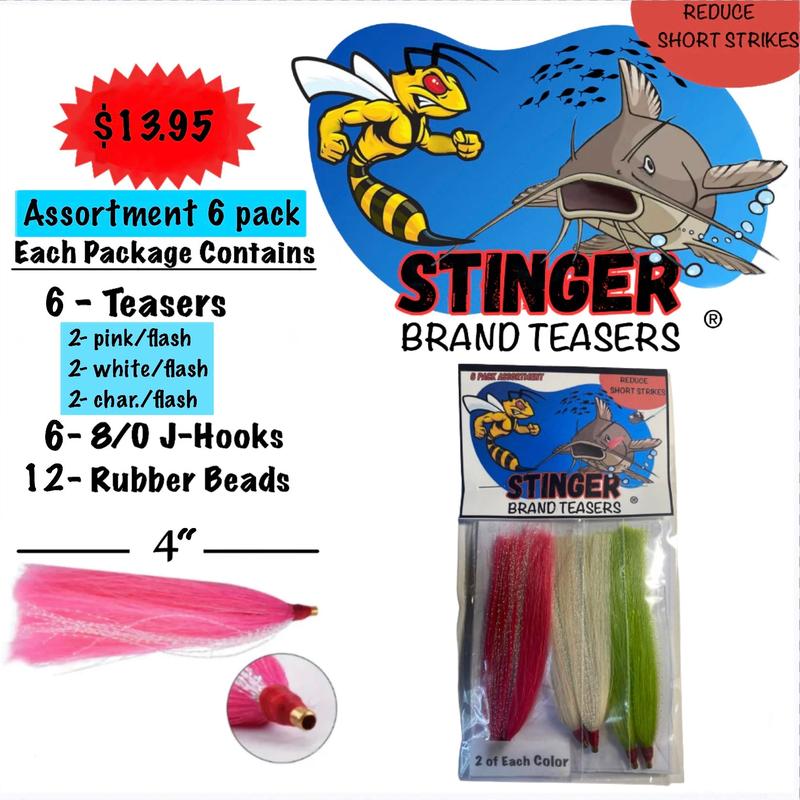 Stinger Brand Teasers Assortment 6 Pack - Helps Reduce Short Strikes - Bucktail Fash & Pearl Flash Series - J-hooks & Glow Beads Included