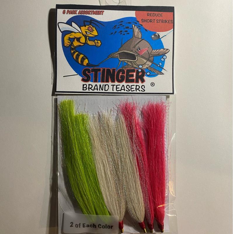 Stinger Brand Teasers Assortment 6 Pack - Helps Reduce Short Strikes - Bucktail Fash & Pearl Flash Series - J-hooks & Glow Beads Included