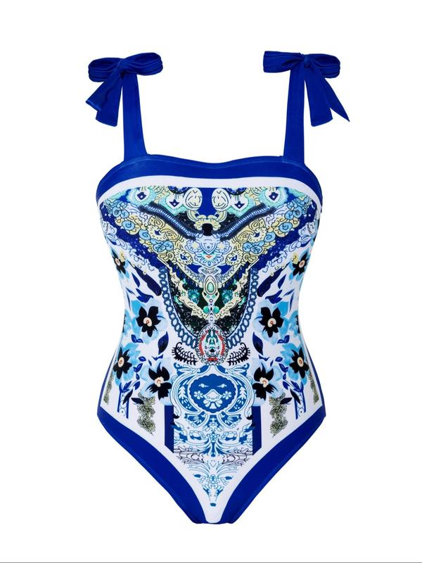 Women's Ethnic Pattern Knot Swimsuit Set, Boho Sleeveless Bodysuit & Wrap Skirt Swimwear Set for Beach Vacation, Ladies Summer Clothes