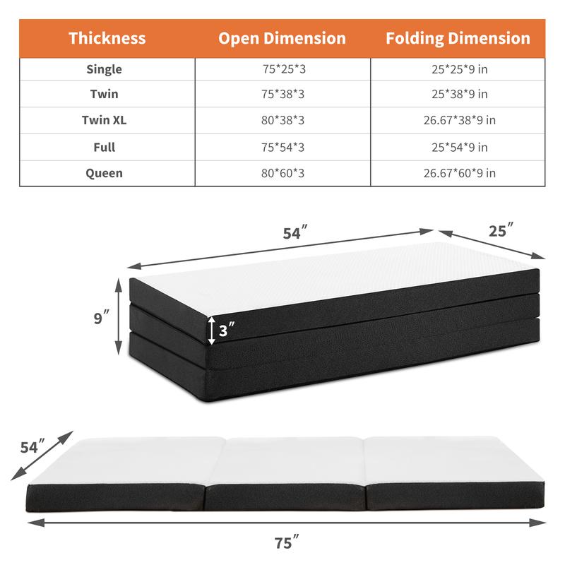 furnishflex furnishflex  FoldingMattress, Tri-fold Memory Foam MattressTopper for Camping, Foldable MattressTopper with Washable Cover