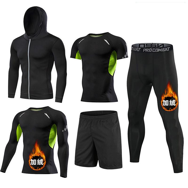 Fitness Clothes Men's Suit Autumn and Winter Fleece-lined Tights Sports Basketball Running Training High Elastic Long Sleeve Five-Piece Set Halloween