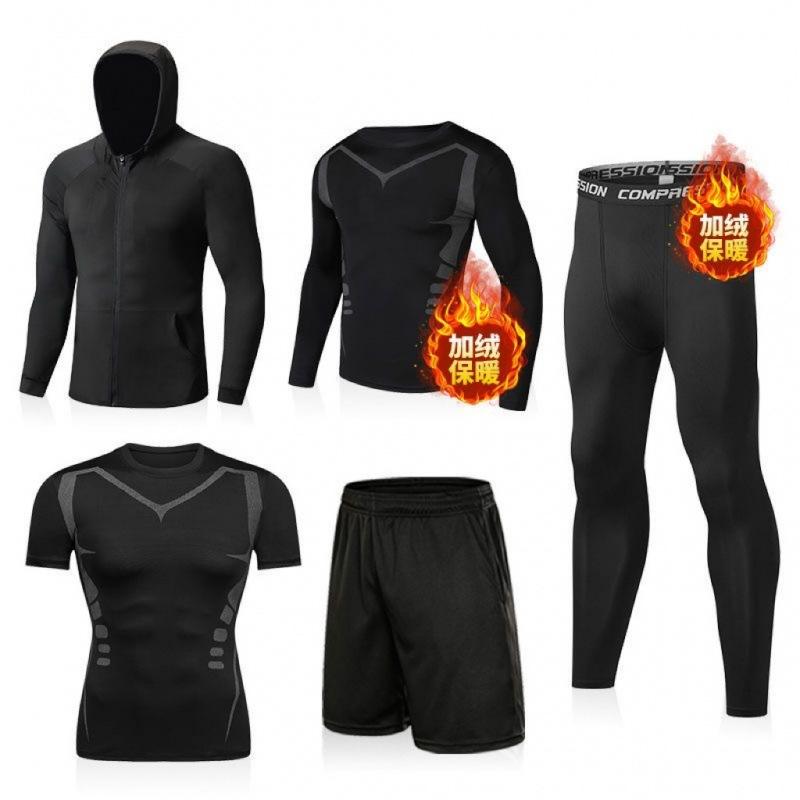 Fitness Clothes Men's Suit Autumn and Winter Fleece-lined Tights Sports Basketball Running Training High Elastic Long Sleeve Five-Piece Set Halloween