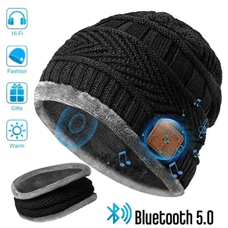 Winter Music Hat with Soft Scarf Bluetooth Headphone Wireless Smart Cap Headset Warm Beanie Speaker Outdoor Cycling Hunting Camping Running Earphone Hat Rechargeable Knitted Hat