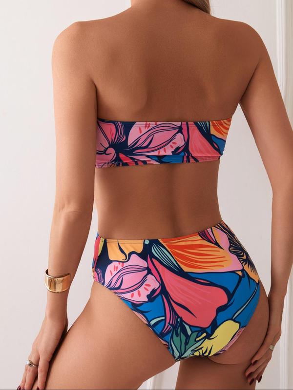 Women's All Over Print Cut Out One-piece Tube Swimsuit, Fashion Criss Cross Ring Linked Strapless Swimwear, Ladies Swimsuit For Beach Swimming