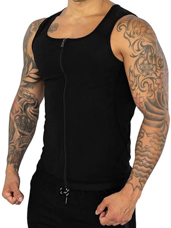 Men's Solid Zip Up Sauna Top, Casual Comfortable Breathable Sleeveless Round Neck Sauna Top for Gym Workout, Sport & Outdoor Clothing for All Seasons