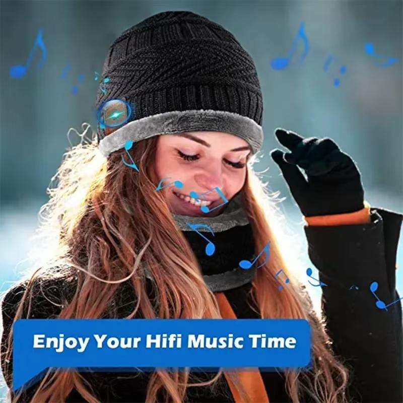 Winter Music Hat with Soft Scarf Bluetooth Headphone Wireless Smart Cap Headset Warm Beanie Speaker Outdoor Cycling Hunting Camping Running Earphone Hat Rechargeable Knitted Hat