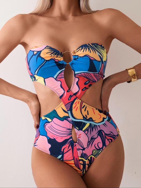 Women's All Over Print Cut Out One-piece Tube Swimsuit, Fashion Criss Cross Ring Linked Strapless Swimwear, Ladies Swimsuit For Beach Swimming