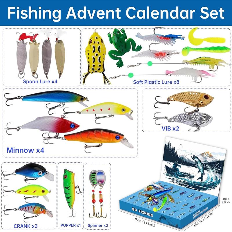 24 Days Countdown Fish Tackle Set, Fishing Lure Bait Gear Equipment Kit Gift with Crankbaits, Hooks, Other Accessories - 2024 Fishing Lure for Man Adult Teen, Xmas Surprise Fish Bait Gift for Father