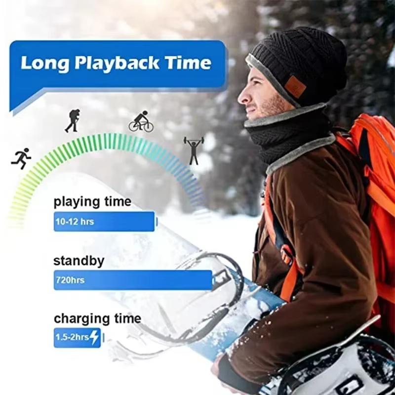 Winter Music Hat with Soft Scarf Bluetooth Headphone Wireless Smart Cap Headset Warm Beanie Speaker Outdoor Cycling Hunting Camping Running Earphone Hat Rechargeable Knitted Hat