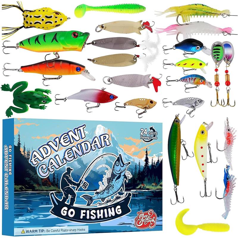 24 Days Countdown Fish Tackle Set, Fishing Lure Bait Gear Equipment Kit Gift with Crankbaits, Hooks, Other Accessories - 2024 Fishing Lure for Man Adult Teen, Xmas Surprise Fish Bait Gift for Father