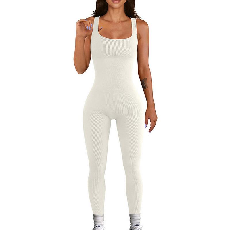 Women Sleeveless Jumpsuit  Square Neck Ribbed Rompers Solid Workout Bodycon Sport Jumpsuit One Piece Outfits