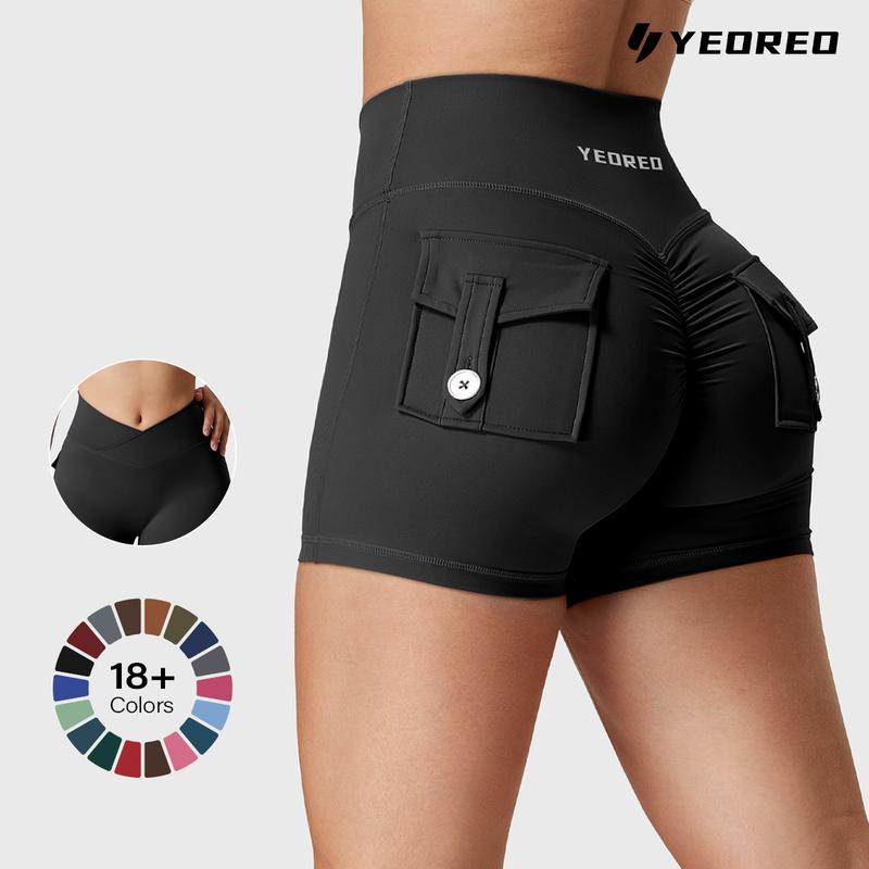 YEOREO Scrunch Workout Shorts with Pockets Charm Gym Biker Shorts for Women High Waisted Yoga Booty Shorts athletic high waisted