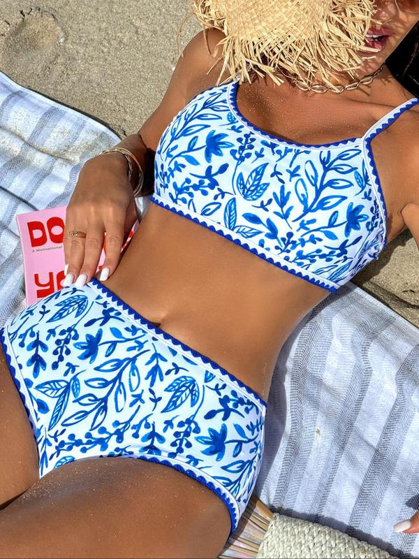 Women's Plants Print Bikini Set, Boho Style Criss Cross Tie Back Cami Top & High Waist Swim Panty, Back-to-School Clothing, Two-Piece Swimsuit for Summer Beach Holiday