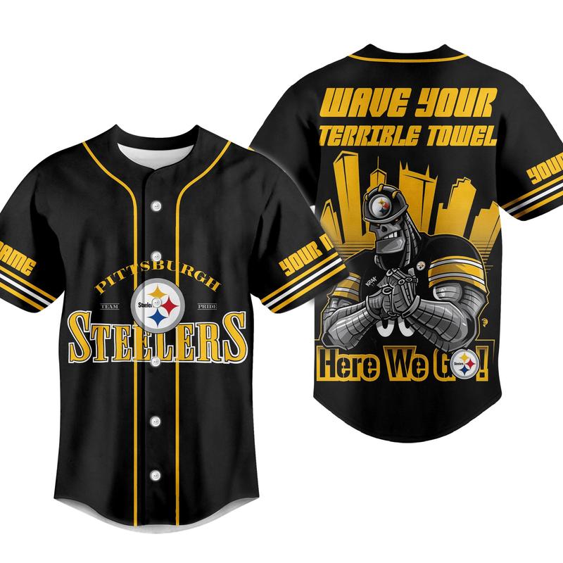 Customized Steelers Wave Your Terrible Towel Here We Go Baseball Jersey Baseball Jersey Sport, Jersey Shirt Summer Gift For Him and For Her Gift For Baseball Fan Lover Baseball Jersey Shirt