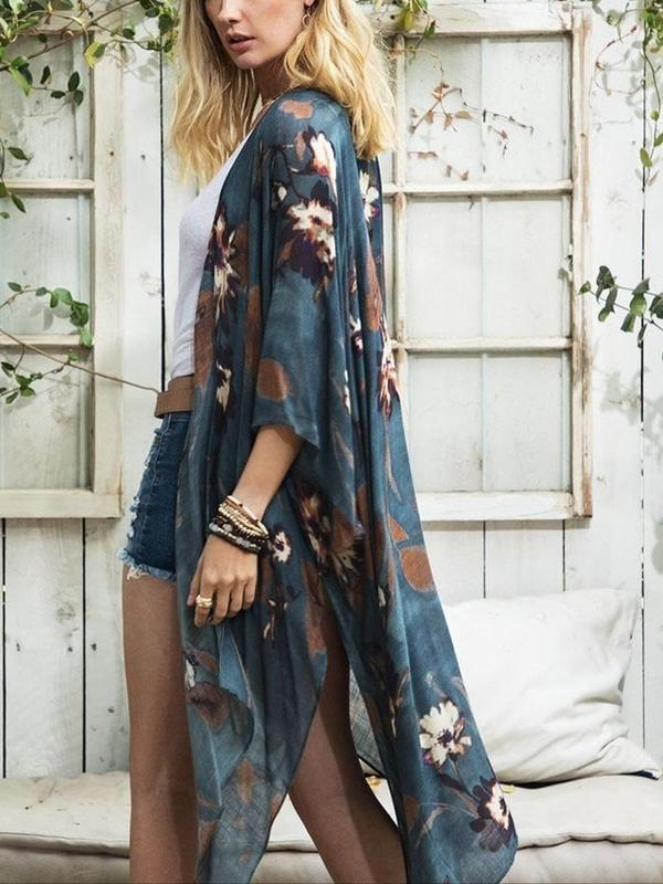 Women's Floral Print Batwing Sleeve Cover Up Top, Boho Casual Sheer Split Hem Cover Up for Beach Holiday Vacation, Bohemian Open Front Cover Up, Ladies Summer Clothes, Summer Tops for 2024, Summer Outfits 2024, Cover Ups for Women