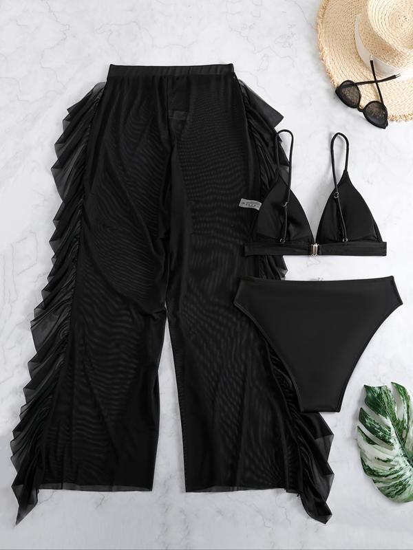 Plus Size Three-Piece Set Triangle Bra & Ruffle Trim Wide Leg Pants & Panty Bikini Set, Casual 2024 Summer Swimwear Set, Women's Swimsuit for Holiday Vacation