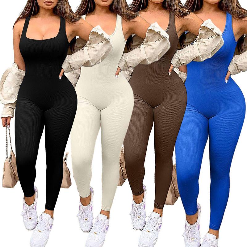 Women Sleeveless Jumpsuit  Square Neck Ribbed Rompers Solid Workout Bodycon Sport Jumpsuit One Piece Outfits