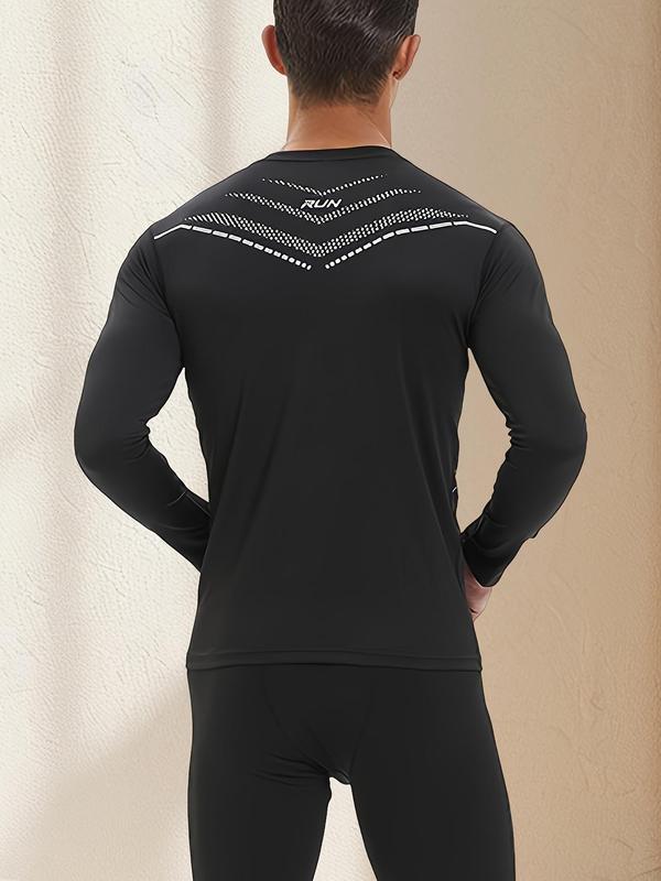 Men's Patterned Round Neck Sports Thermal Underwear Top, Long Sleeve Crew Neck Compression Top for Fall & Winter, Men's Sportswear for Outdoor Workout Running Training