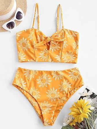 ZAFUL Women Keyhole High Waisted Bikini Set Knot Front Swimsuit Spaghetti Straps Two Pieces Tankini Bathing Suit