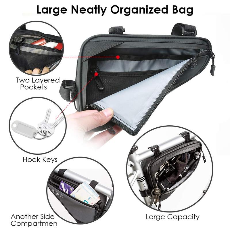 Bike Frame Storage Bag, Water Resistant Reflective Bicycle Triangle Bag with Two Side Pockets, Strap-on Under Seat Tool Pouch for Mountain Road Bike Trip