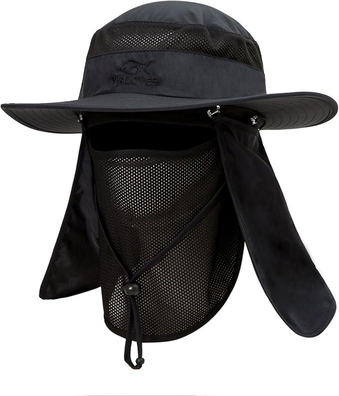 Outdoor UV Sun Protection Wide Brim Fishing Cap with Removable Flap Black