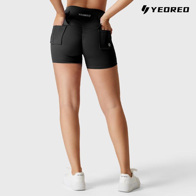 YEOREO Scrunch Workout Shorts with Pockets Charm Gym Biker Shorts for Women High Waisted Yoga Booty Shorts athletic high waisted