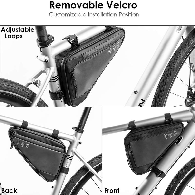 Bike Frame Storage Bag, Water Resistant Reflective Bicycle Triangle Bag with Two Side Pockets, Strap-on Under Seat Tool Pouch for Mountain Road Bike Trip