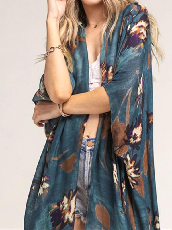 Women's Floral Print Batwing Sleeve Cover Up Top, Boho Casual Sheer Split Hem Cover Up for Beach Holiday Vacation, Bohemian Open Front Cover Up, Ladies Summer Clothes, Summer Tops for 2024, Summer Outfits 2024, Cover Ups for Women