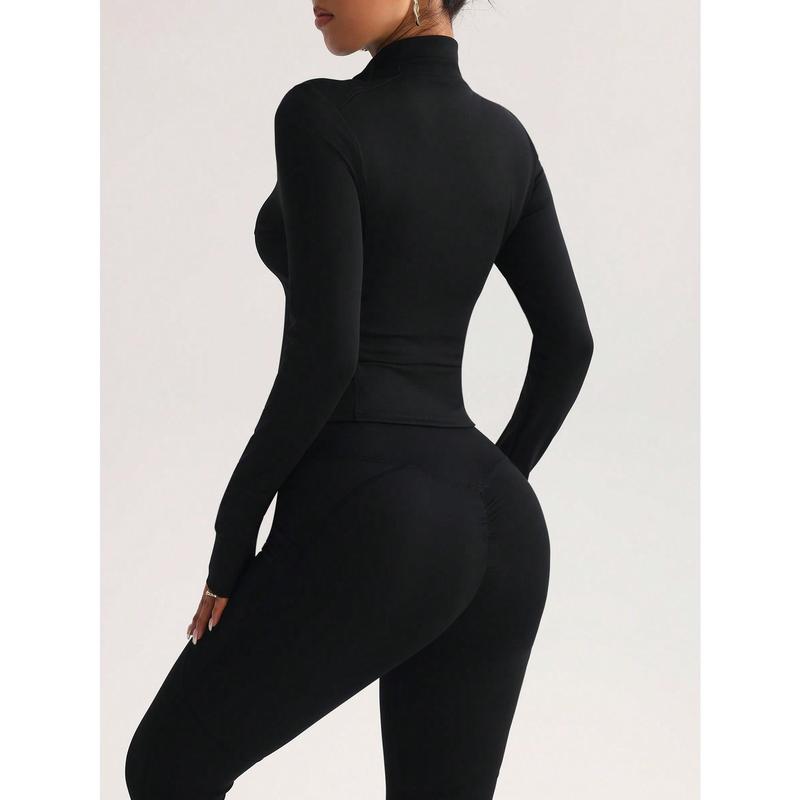 Women Fitted Gym Clothes Sports Running Fitness Zip-Up Stretchy Simple Stylish Sexy Tight Long Sleeve Yoga Jacket