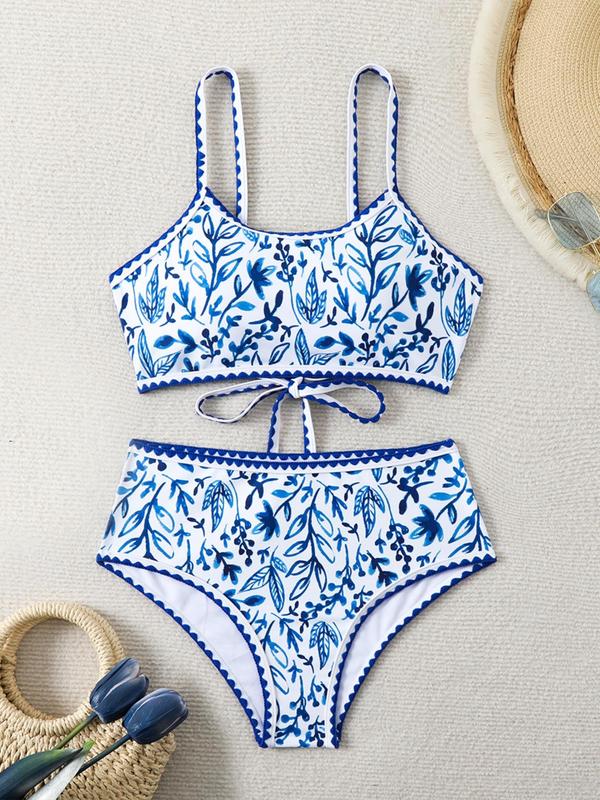 Women's Plants Print Bikini Set, Boho Style Criss Cross Tie Back Cami Top & High Waist Swim Panty, Back-to-School Clothing, Two-Piece Swimsuit for Summer Beach Holiday