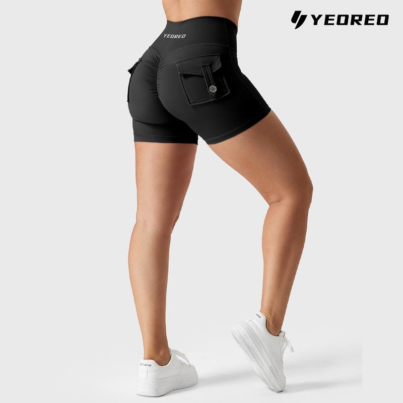 YEOREO Scrunch Workout Shorts with Pockets Charm Gym Biker Shorts for Women High Waisted Yoga Booty Shorts athletic high waisted