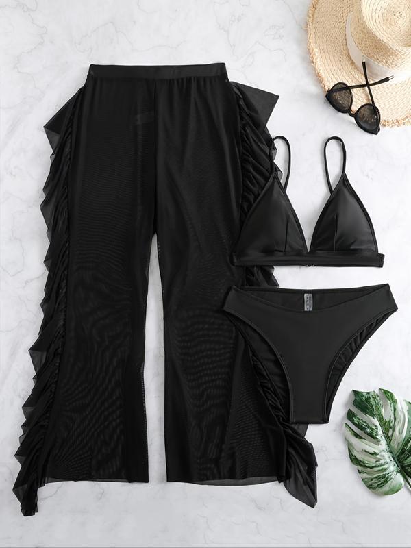 Plus Size Three-Piece Set Triangle Bra & Ruffle Trim Wide Leg Pants & Panty Bikini Set, Casual 2024 Summer Swimwear Set, Women's Swimsuit for Holiday Vacation