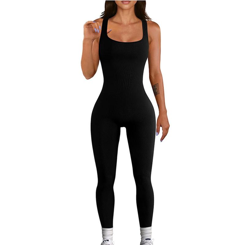 Women Sleeveless Jumpsuit  Square Neck Ribbed Rompers Solid Workout Bodycon Sport Jumpsuit One Piece Outfits