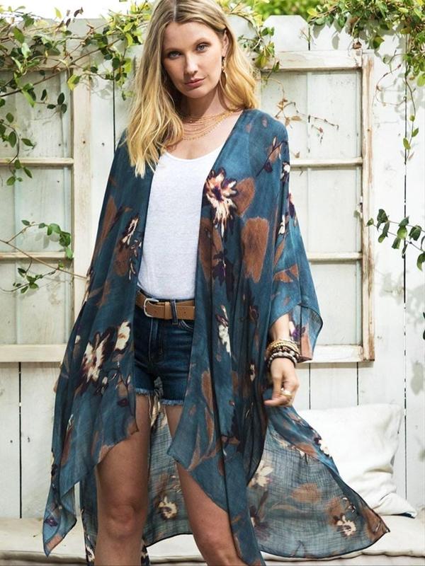 Women's Floral Print Batwing Sleeve Cover Up Top, Boho Casual Sheer Split Hem Cover Up for Beach Holiday Vacation, Bohemian Open Front Cover Up, Ladies Summer Clothes, Summer Tops for 2024, Summer Outfits 2024, Cover Ups for Women