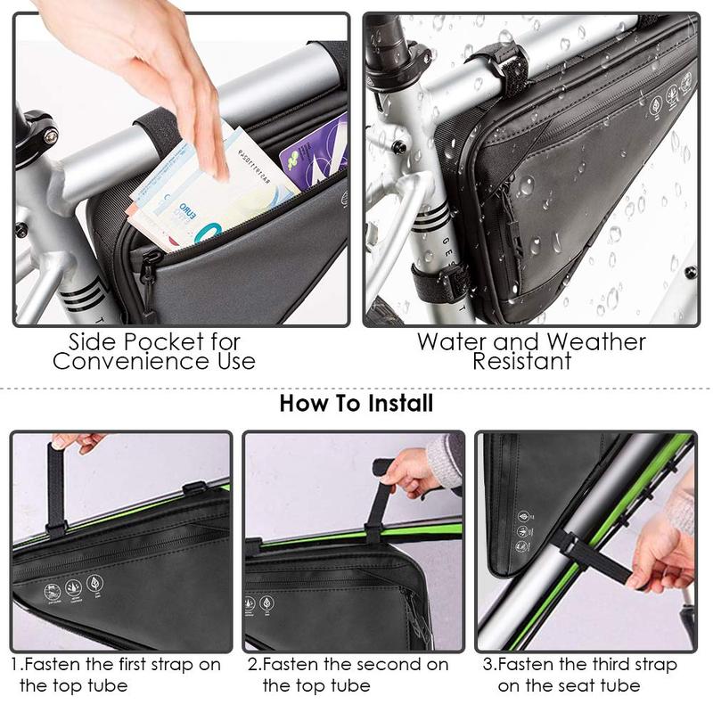 Bike Frame Storage Bag, Water Resistant Reflective Bicycle Triangle Bag with Two Side Pockets, Strap-on Under Seat Tool Pouch for Mountain Road Bike Trip