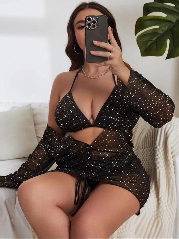 Three-Piece Set Plus Size Halter Triangle Swim Bra & Swim Panty & Drawstring Ruched Sheer Cover Up Swimsuit Set, Swimsuit Sets Bathing Suits 2024 for Women Summer Plus Size Curve, Elegant Fashion All Over Print Bikini Set for Party Holiday Vacation