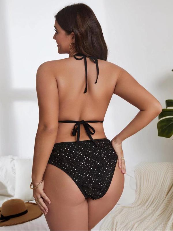 Three-Piece Set Plus Size Halter Triangle Swim Bra & Swim Panty & Drawstring Ruched Sheer Cover Up Swimsuit Set, Swimsuit Sets Bathing Suits 2024 for Women Summer Plus Size Curve, Elegant Fashion All Over Print Bikini Set for Party Holiday Vacation