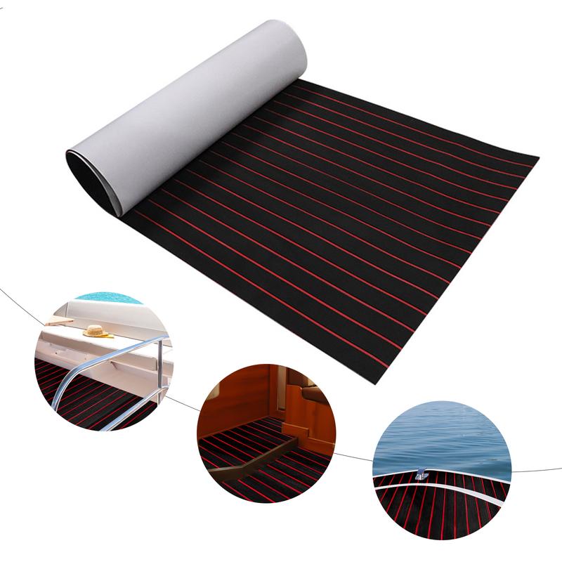 EVA Faux Teak Boat Deck Mat - Non-Slip Plastic Wood Flooring for Yachts and RVs with Black and Red Stripes