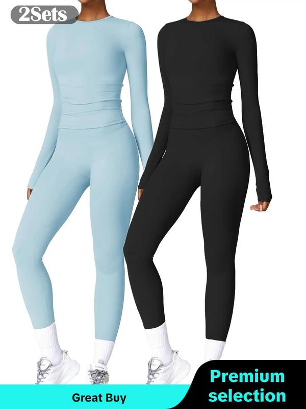 Women's Solid Long Sleeve Sports Top & Sports Leggings Two Pieces Suit, Casual Comfy Breathable Top & Leggings for Yoga Gym, Ladies Sportswear for Winter