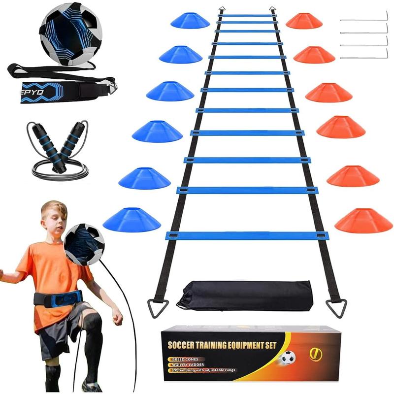 Soccer Agility  Equipment Set, 12 Rung 20Ft Agility Ladder, 12 Disc Cones, 4 Steel Stakes, Solo Soccer Trainer, Jump Rope - Speed  Equipment for Soccer Football Basketball