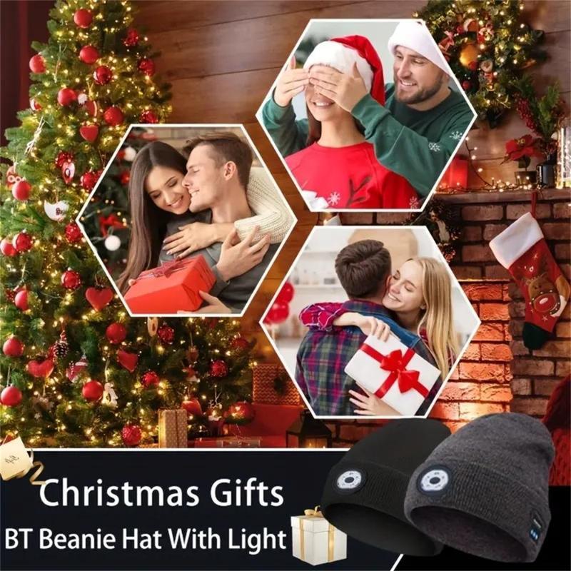 Acrylic Knit Beanie with USB Rechargeable Headlamp & Wireless Headphones, Elastic Lightweight Music Hat with Built-in Speaker Mic, Unisex Audio Cap for Outdoor Activities,Christmas Gift