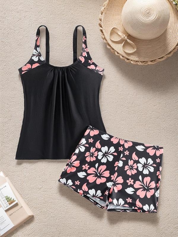 Women's Floral Print Ruched Tankini Set, Adjustable Strap U Neck Swim Top & High Waist Swim Shorts, Two-piece Swimsuit for Summer Beach Holiday Vacation