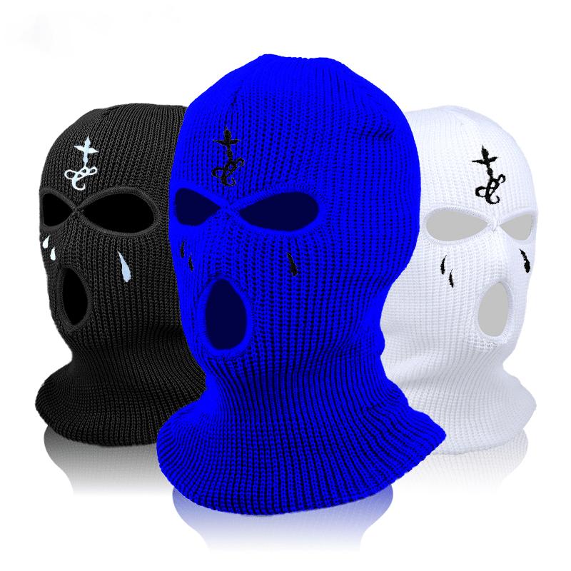 Cross Embroidery Ski Mask Winter Balaclava Hat 3-Hole Knitted Full Face Cover Ski Neck Gaiter Warm Knit Beanie For Outdoor Sport