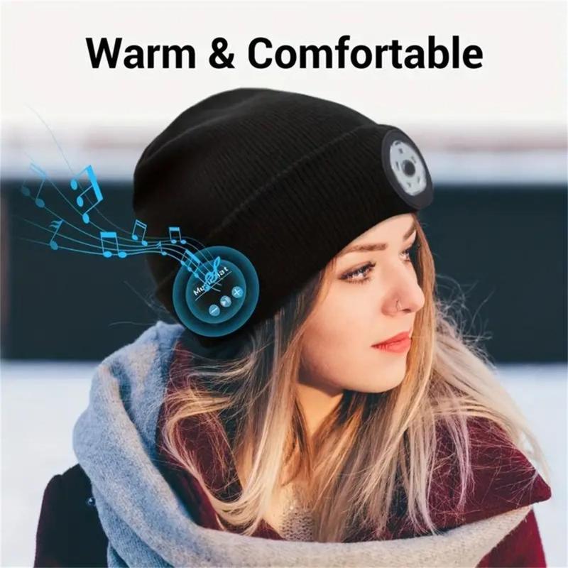 Acrylic Knit Beanie with USB Rechargeable Headlamp & Wireless Headphones, Elastic Lightweight Music Hat with Built-in Speaker Mic, Unisex Audio Cap for Outdoor Activities,Christmas Gift